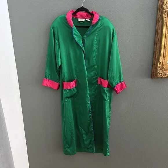Victoria's Gold Label Vintage Secret Satin Green/Pink Kimono Style Robe Sz Small - Picture 3 of 9